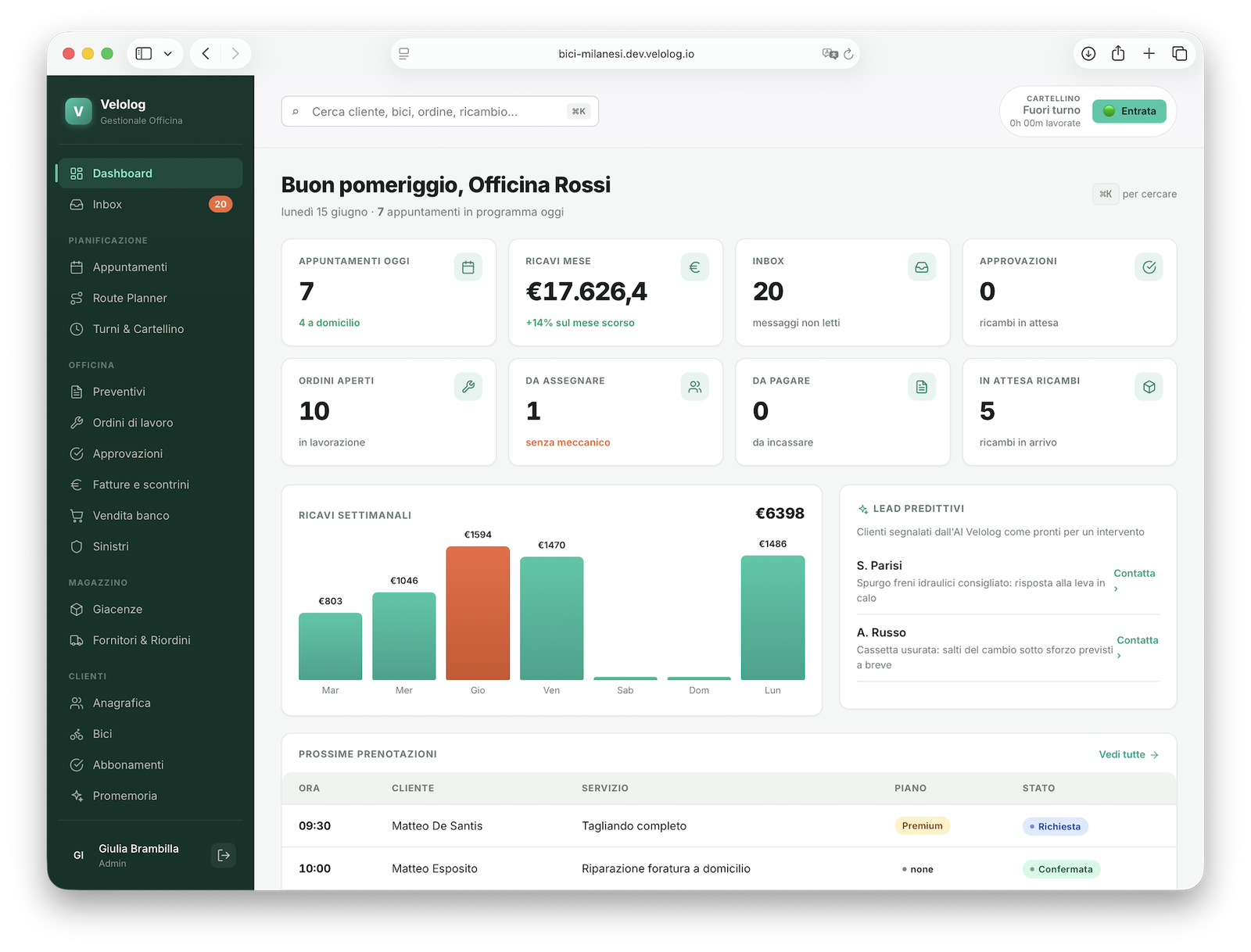 Il gestionale CrankPal per ciclofficine: dashboard con appuntamenti del giorno, ricavi, ordini di lavoro, lead predittivi dell'AI e prossime prenotazioni